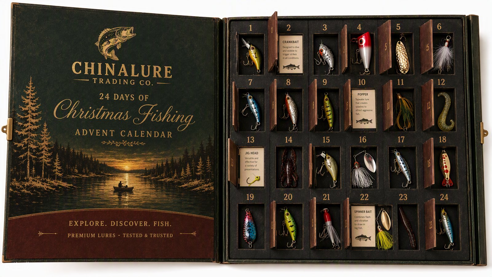 China Lure Fishing Christmas Advent Calendar opened to reveal 24 premium fishing lures including crankbaits poppers jig heads and spinner baits