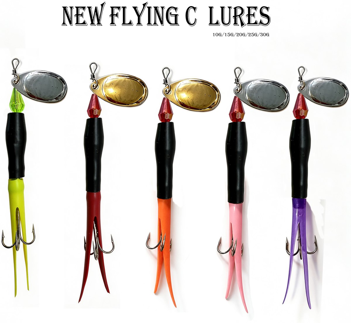 New Flying C lures, five colourways of a weighted teaser rig with spinner blade, treble hook and rubber skirt, 10g 15g 25g